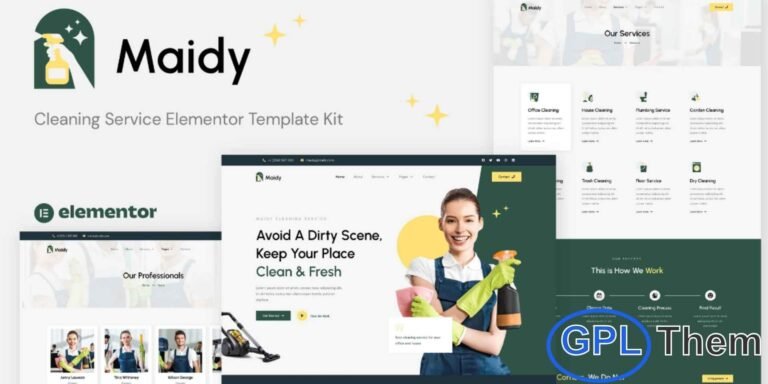 Maidy – Cleaning Service Elementor Template Kit Maidy is a modern and professional Elementor Template Kit designed for cleaning service companies, home cleaning, office cleaning, apartment cleaners, and related businesses. Featuring a clean, simple, and visually appealing design, Maidy allows you to create a fully responsive website that works seamlessly on all devices.