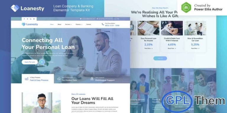 Loanesty – Loan Company & Banking Elementor Template Kit Loanesty is a modern and professional Elementor Template Kit tailored for loan companies, banking institutions, financial advisors, and consulting services. With 17+ pre-designed templates, Loanesty allows you to create a fully responsive, retina-ready, and visually appealing website to showcase your financial services, loan options, and client solutions.