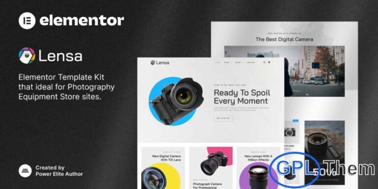 Lensa – Camera & Photography Equipment Store Elementor Template Kit Lensa is a modern and professional Elementor Template Kit designed for photography equipment stores, including digital cameras, lenses, video cameras, tripods, and other electronics products. Fully compatible with WooCommerce, Lensa allows you to build a functional online shop with ease.