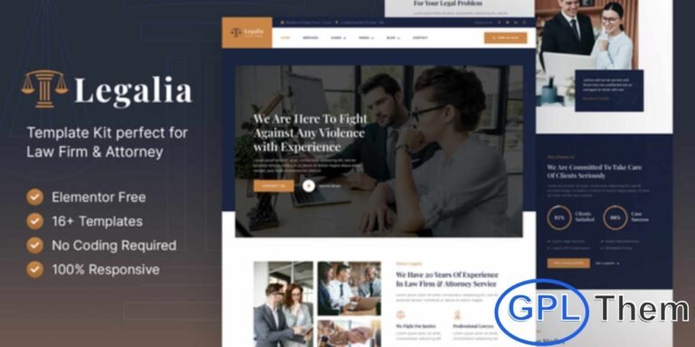 Legalia – Lawyer & Attorney Elementor Template Kit Legalia is a sleek and modern Elementor Template Kit designed for law firms, lawyers, attorneys, legal advisors, consultants, and other legal practices. This ready-to-use kit helps you create a professional website that attracts clients, showcases services effectively, and highlights your expertise with elegant layouts and eye-catching design elements.