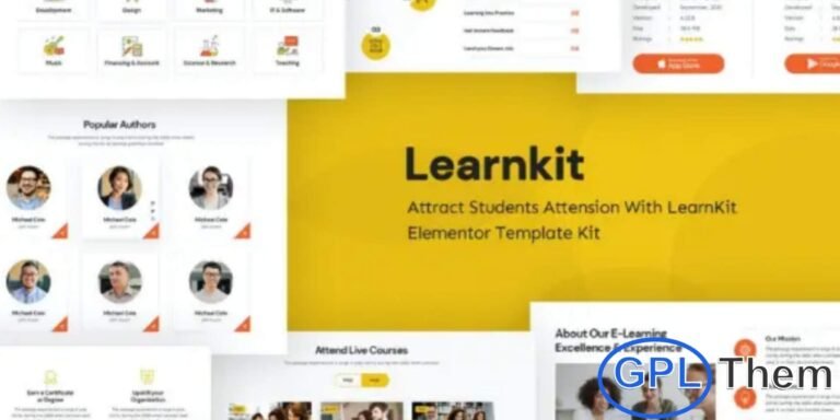 LearnKit – e-Learning Elementor Template Kit LearnKit is a modern and fully responsive Elementor Template Kit designed for e-learning platforms, online courses, educational institutions, and training centers. With a clean and professional design, this template kit allows you to create a visually appealing and highly functional e-learning website quickly.
