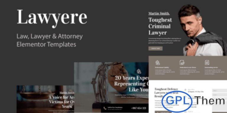 Lawyere – Legal & Attorney Elementor Template Kit Lawyere is a professional Elementor Template Kit designed for law firms, attorneys, lawyers, legal practitioners, barristers, solicitors, and law offices. It is also highly suitable for business consultants and financial advisers. Built with the needs of legal professionals in mind, Lawyere offers a clean, modern, and fully responsive design to present your services, team, and expertise effectively.