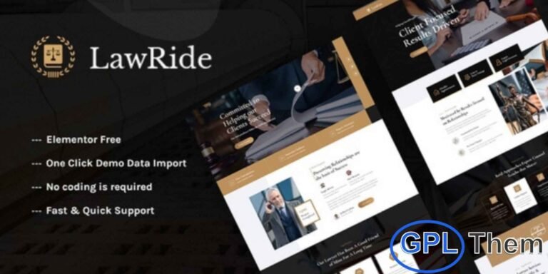 Lawride – Lawyer & Law Firm Elementor Template Kit Lawride is a modern and professional Elementor Template Kit crafted for lawyers, law firms, and legal service providers. It includes a variety of elements to effectively introduce law offices, showcase legal services, and present your team of lawyers. Fully responsive and optimized for all devices and modern browsers, Lawride ensures your website looks polished and professional everywhere.