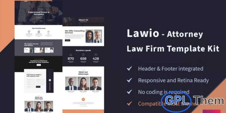 Lawio – Attorney & Law Firm Elementor Template Kit Lawio is a modern and professional Elementor Template Kit designed specifically for attorneys, law firms, and legal consultants. With its clean and elegant design, Lawio helps you create a fully functional, responsive, and visually appealing website to showcase your legal services, team, and case studies. Easy to customize using Elementor, no coding skills are required.