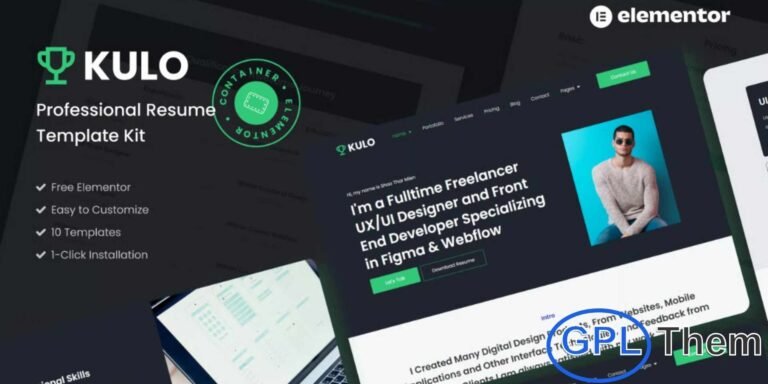 Kulo – Professional Resume Elementor Template Kit Kulo is a modern and professional Elementor Template Kit designed for creating impressive resume and portfolio websites. Perfect for photographers, designers, developers, freelancers, and creative agencies, this kit helps you present your skills, experience, and achievements in a polished and visually appealing way.