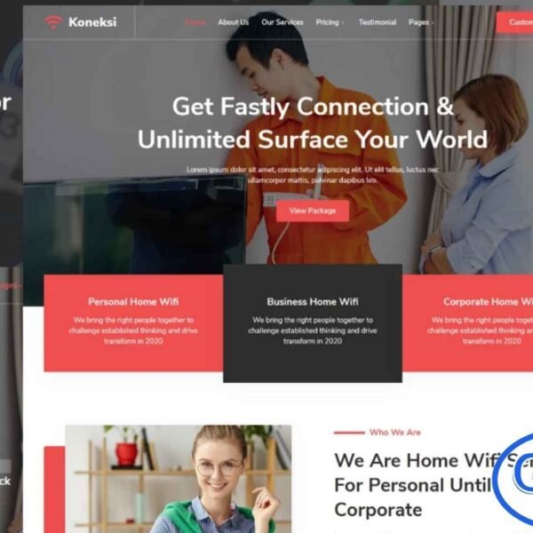 Koneksi – Home WiFi & Internet Services Elementor Template Kit Koneksi is a modern and professional Elementor Template Kit designed specifically for Home WiFi and Internet Service Provider websites. Built with a clean and responsive layout, this kit is perfect for businesses offering broadband, fiber internet, or network installation services.