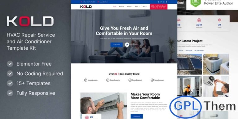 Kold – Air Conditioner & HVAC Repair Service Elementor Template Kit Kold is a modern and professional Elementor Template Kit built specifically for air conditioning, HVAC repair, and maintenance service websites. Perfect for HVAC companies, ventilation experts, and home care service providers, this kit offers a clean and user-friendly design that highlights your services effectively.