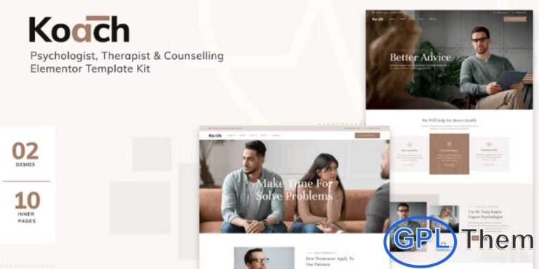 Koach – Life Coach & Counseling Elementor Template Kit Koach is a modern and professional Elementor Template Kit designed for life coaches, therapists, counselors, and personal development professionals. With beautifully crafted layouts, it allows you to build an inspiring and engaging website without any coding skills. This template kit is optimized for use with the free Hello Elementor theme but works perfectly with most Elementor-compatible themes, offering flexibility and ease of customization.