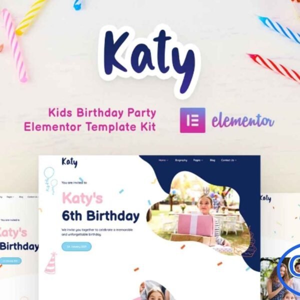 Katy – Kids Birthday Party Planner & Invitation Elementor Template Kit Katy is a vibrant and playful Elementor Template Kit designed for kids’ birthday parties, event planners, and invitation websites. Perfect for creating cheerful and engaging websites for kindergartens, kids’ events, or any child-related services, this kit brings a lively and colorful design that captures the joy of childhood celebrations.