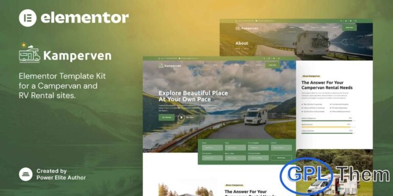 Kamperven – Campervan & RV Rental Elementor Template Kit Kamperven is a modern and professional Elementor Template Kit designed for campervan and RV rental businesses, motorhome rentals, adventure tourism, and other vehicle rental services. With a clean and responsive layout, this kit allows you to build a fully functional website quickly and easily without any coding.