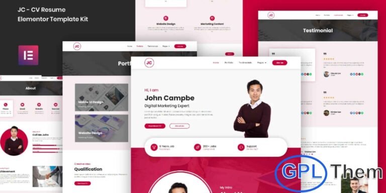 JC – CV Resume Elementor Template Kit JC is a sleek and modern Elementor Template Kit designed for building professional CVs, resumes, portfolios, and personal branding websites. Featuring a clean and contemporary layout, this template kit makes it easy to showcase your skills, experience, and achievements in a visually appealing way. Fully customizable with Elementor, JC allows you to create a standout online presence without any coding knowledge.