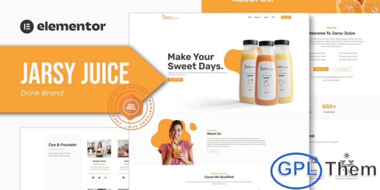 Jarsy Juice – Drink Brand Elementor Template Kit Jarsy Juice is a vibrant and modern Elementor Template Kit designed for juice bars, beverage brands, nutrition stores, and health-focused businesses. With a clean and professional layout, this template allows you to showcase your products, services, and brand in an attractive and engaging way.