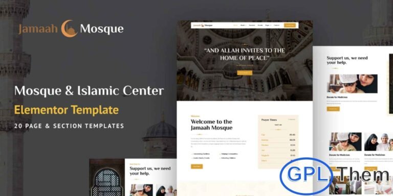 Jamaah – Mosque & Islamic Center Elementor Template Kit Jamaah is a modern and professional Elementor Template Kit designed specifically for mosques, Islamic centers, and religious organizations. Featuring 20 pre-designed pages and sections, this template kit allows you to quickly and easily create a complete website to showcase your mosque, events, services, and community activities.