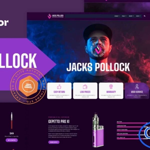 Jacks Pollock – Vape Elementor Template Kit Jacks Pollock is a modern and professional Elementor Template Kit designed for vape shops, e-cigarette stores, and related businesses. Perfect for showcasing products, services, and brand identity, this template kit offers a clean and visually appealing design that helps your business stand out online.