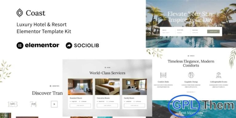 Coast – Luxury Hotel & Resort Elementor Template Kit Coast is a modern and elegant Elementor Template Kit designed for creating luxury hotel and resort websites quickly and easily. Ideal for hotels, resorts, hostels, motels, lodges, cottages, boutique accommodations, restaurants, and hospitality businesses, this template kit features a creative and contemporary design that enhances your online presence.