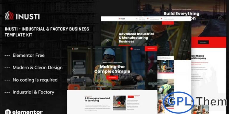 Inusti – Industrial & Factory Business Elementor Template Kit Inusti is a modern and professional Elementor Template Kit designed for construction companies, factories, industrial businesses, manufacturing firms, and building services. Perfect for corporate or private construction projects, this template kit provides a complete and visually appealing layout to showcase your services, projects, and expertise.