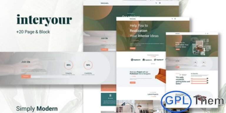 Interyours – Home Interior Design Elementor Template Kit Interyours is a modern and minimalist Elementor Template Kit designed for interior designers, home decor businesses, and design agencies. Featuring a fresh orange and green color scheme, this template kit offers a clean and stylish layout to showcase your projects, services, and portfolio. With over 20 pre-designed pages and a wide range of customizable components, Interyours makes it easy to build a professional interior design website with just a few clicks—no coding required.