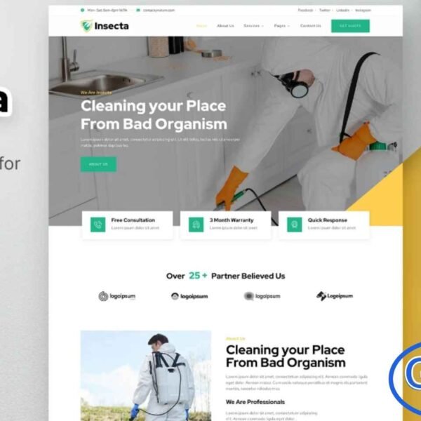 Insecta – Pest Control & Disinfection Elementor Template Kit Insecta is a modern and professional Elementor Template Kit designed for pest control services, disinfection, sanitation, sterilization, cleaning services, and general home service businesses. Featuring a clean and unique design, this template kit allows you to showcase your services, expertise, and service areas effectively.