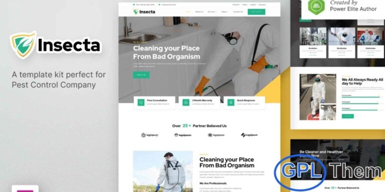 Insecta – Pest Control & Disinfection Elementor Template Kit Insecta is a modern and professional Elementor Template Kit designed for pest control services, disinfection, sanitation, sterilization, cleaning services, and general home service businesses. Featuring a clean and unique design, this template kit allows you to showcase your services, expertise, and service areas effectively.
