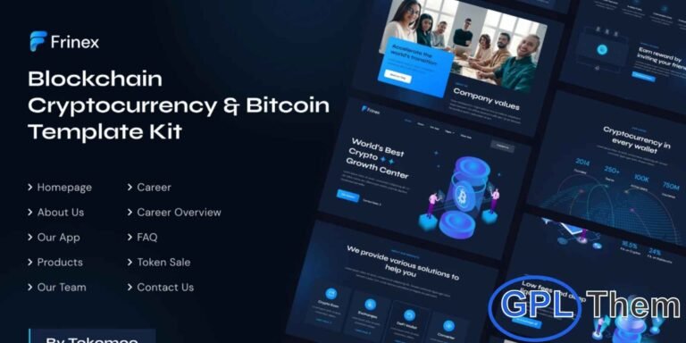 Frinex – Blockchain, Cryptocurrency & Bitcoin Elementor Template Kit Frinex is a modern and fully responsive Elementor Template Kit featuring a sleek dark-style design, ideal for creating professional websites for cryptocurrency and blockchain businesses. Perfect for Bitcoin projects, ICO agencies, fintech companies, and crypto startups, Frinex allows you to build a polished and engaging WordPress site that highlights your services, products, and financial technology solutions.