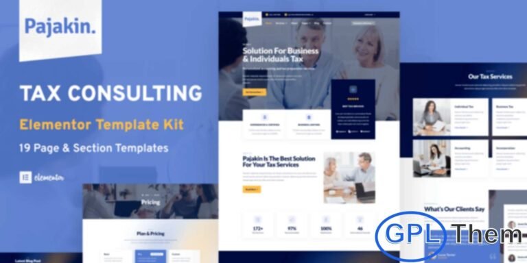 Pajakin – Tax Consultant & Financial Advisor Elementor Template Kit Pajakin is a modern and professional Elementor Template Kit crafted for tax consultants, financial advisors, accounting firms, and other finance-related businesses. This template kit includes 19 pre-designed pages and sections, offering a clean and polished design that ensures a professional online presence.