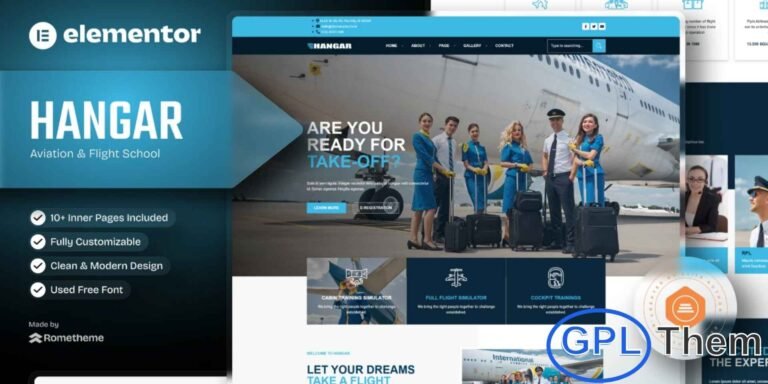 Hangar – Aviation & Flight School Elementor Template Kit Hangar is a modern and professional Elementor Template Kit specially designed for Aviation, Flight Schools, Pilot Training, and Commercial Flight Services. This template offers a sleek and contemporary layout that helps aviation academies and flight-related businesses create a stunning online presence.