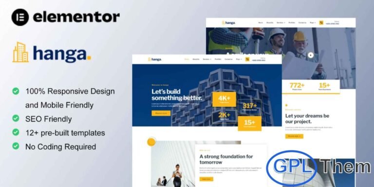 Hanga – Construction & Building Elementor Template Kit Hanga is a modern and professional Elementor Template Kit designed specifically for Construction, Building, and Architecture websites. It is perfect for contractors, construction agencies, real estate developers, home renovation companies, and similar businesses. The kit includes 12+ beautifully designed pre-built templates featuring a clean, contemporary, and professional style.