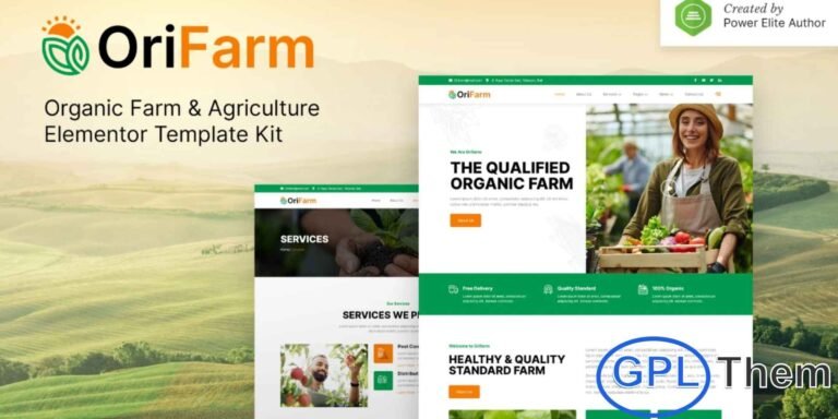 OriFarm – Organic Farm & Agriculture Elementor Template Kit OriFarm is a modern and vibrant Elementor Template Kit perfect for websites focused on organic farming, agriculture, eco-friendly products, and sustainable living. With its clean and elegant design, this template kit allows you to showcase your farm, produce, or agricultural services professionally.