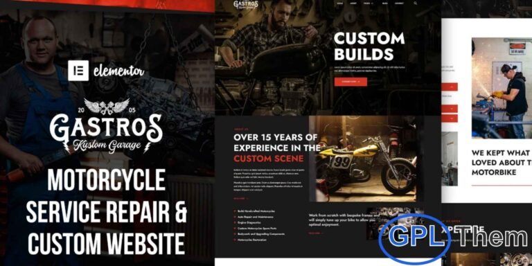 Gastros Garage – Motorcycle Service & Repair Elementor Template Kit Gastros Garage is a modern and fully responsive Elementor Template Kit designed for motorcycle repair shops, automotive services, and garage businesses. Built with Elementor Page Builder, this kit allows you to create a professional WordPress website quickly and easily.
