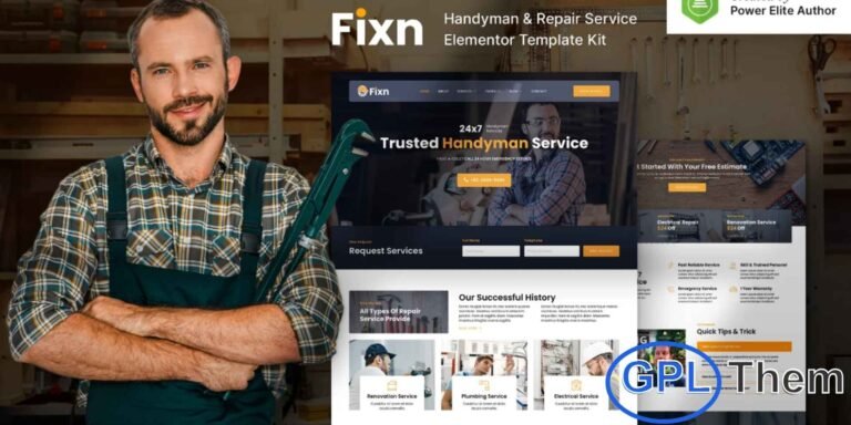 Fixn – Handyman & Repair Service Elementor Template Kit Fixn is a modern, clean, and fully responsive Elementor Template Kit crafted for handyman services, home repair businesses, plumbers, electricians, and all types of maintenance and improvement service providers. With 17+ professionally designed templates, this kit allows you to build a high-quality website quickly and effortlessly—no coding required.