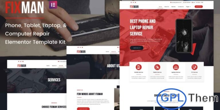 Fixman – Smartphone & Laptop PC Repair Elementor Template Kit Fixman is a modern and professional Elementor Template Kit designed for businesses offering repair services for smartphones, tablets, laptops, PCs, and other electronic devices. With its clean layout and easy customization, this kit helps you build a high-quality repair service website without any coding.