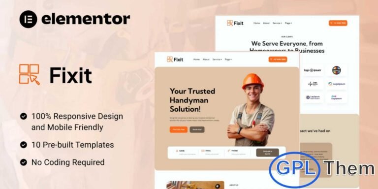 Fixit – Handyman Services Elementor Template Kit Fixit is a professionally designed Elementor Template Kit crafted for handyman service providers looking to build a clean, modern, and fully functional website with ease. This kit includes pre-designed pages and layout blocks tailored to highlight your services, expertise, and customer satisfaction.