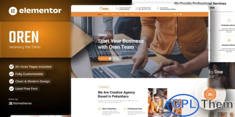 Oren – Creative Business Elementor Template Kit Oren is a modern and professional Elementor Template Kit designed for creative agencies, marketing firms, corporate businesses, and professionals looking to showcase their work and services online. With its sleek and versatile design, Oren helps you present your portfolio, projects, and business offerings in a visually appealing way.