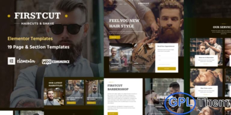 FirstCut – Barbershop & Men’s Grooming Elementor Template Kit FirstCut is a premium Elementor Template Kit created specifically for barbershops, men’s grooming studios, and hairstyling services. With its clean, bold, and masculine design, this kit helps you build a stylish and professional online presence that reflects your brand. It comes with 19 fully designed pages and sections, making it easy to showcase services, pricing, barbers, appointments, and more.