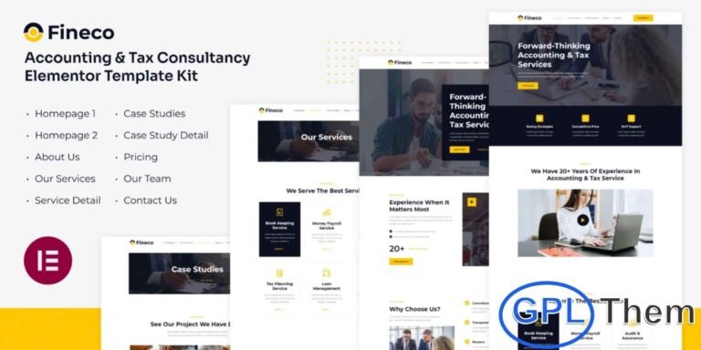 Fineco – Accounting & Tax Consultancy Services Elementor Template Kit Fineco is a modern and clean Elementor Template Kit designed specifically for tax advisors, financial consultants, accounting firms, insurance agencies, and business planning or finance-related services. Built with a professional and polished layout, this kit offers a fully responsive and retina-ready design to ensure your website looks flawless on every device.