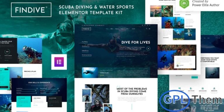 Findive – Scuba Diving & Water Sports Elementor Template Kit Findive is a modern and clean Elementor Template Kit crafted for scuba diving schools, water sports centers, sea adventure tours, snorkeling services, surf clubs, swimming instructors, and other marine-based businesses. Designed with a professional and visually engaging layout, this kit ensures your website looks stunning on all devices.