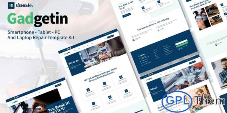 Gadgetin – Smartphone & Computer Repair Elementor Template Kit Gadgetin is a modern and fully responsive Elementor Template Kit designed for smartphone, computer, and electronic repair businesses. Perfect for service centers and tech repair shops, this kit includes 10 pre-designed pages to showcase your services, team, and customer support efficiently.