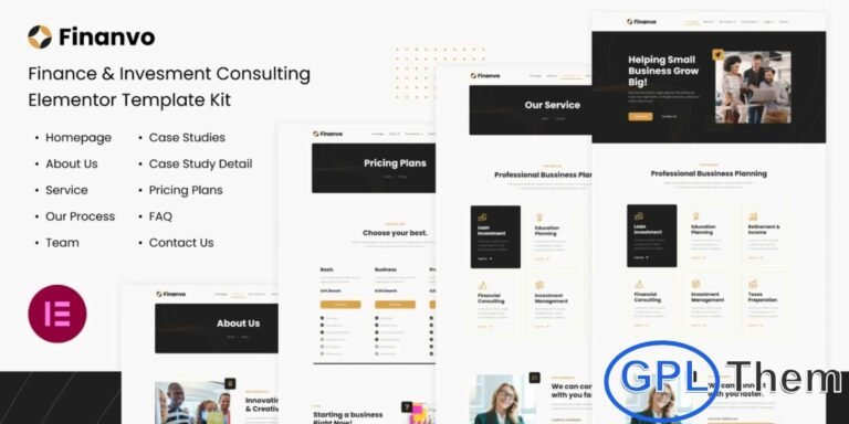 Finanvo – Finance & Investment Consulting Elementor Template Kit Finanvo is a modern and clean Elementor Template Kit designed to help you create a professional WordPress website for Finance, Investment, Consulting, and other financial service businesses. With 10 expertly crafted templates, this kit makes it easy to build a polished and high-converting website without any coding.