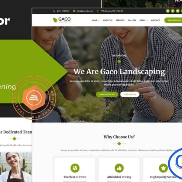 Gaco – Landscape & Gardening Elementor Template Kit Gaco is a modern and fully responsive Elementor Template Kit designed for landscaping, gardening services, and outdoor maintenance businesses. Ideal for both professionals and businesses, Gaco allows you to showcase your projects, services, and expertise in a clean and professional manner.