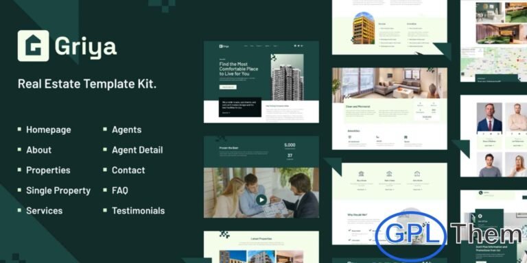 Griya – Apartment & Single Property Real Estate Elementor Template Kit Griya is a stylish and modern Elementor Template Kit designed for real estate businesses, property agencies, architecture firms, apartment rentals, and interior design services. Featuring a professional layout with a clean aesthetic, Griya enables you to create a fully responsive and retina-ready WordPress website effortlessly.