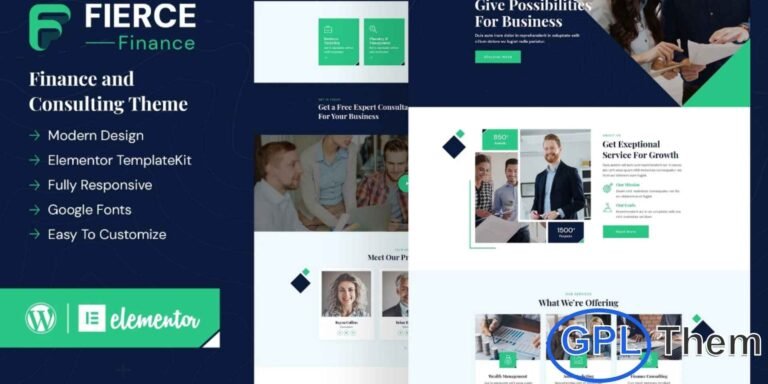 Fierce – Finance Elementor Template Kit Fierce is a modern and professional Finance Elementor Template Kit designed for business management, financial consulting, and wealth advisory services. Crafted with a clean, corporate layout, this kit makes it easy to build a high-impact website that reflects credibility and expertise.