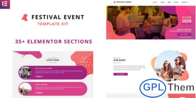 Festival Events – Elementor Template Kit Festival Events is a vibrant and dynamic Elementor Template Kit designed to help you build stunning websites for festivals, concerts, cultural events, conferences, and creative gatherings. Packed with over 35 professionally crafted visual layouts, this kit offers a bold color scheme, engaging abstract graphics, and an energetic design style that brings your event to life.