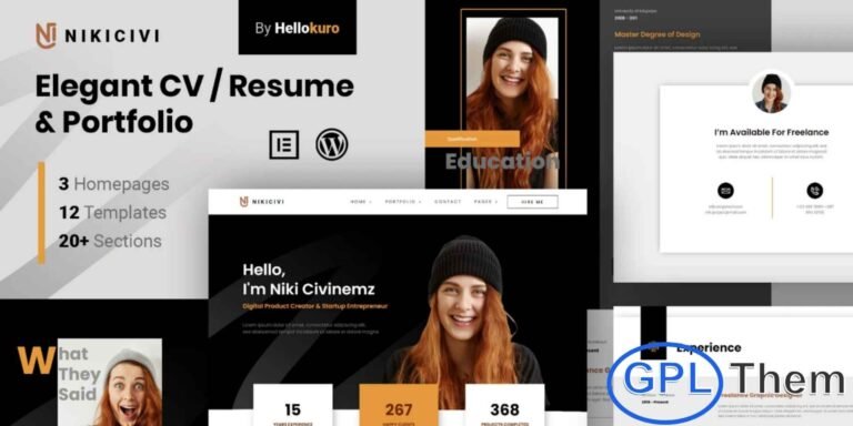 Nikicivi – Elegant CV/Resume & Portfolio Elementor Template Kit Nikicivi is an elegant and modern Elementor Template Kit designed to help professionals create a standout CV, resume, or personal portfolio website. Perfect for freelancers, designers, developers, creatives, and job seekers, this template kit offers a clean and stylish layout that highlights your skills, experience, and achievements.