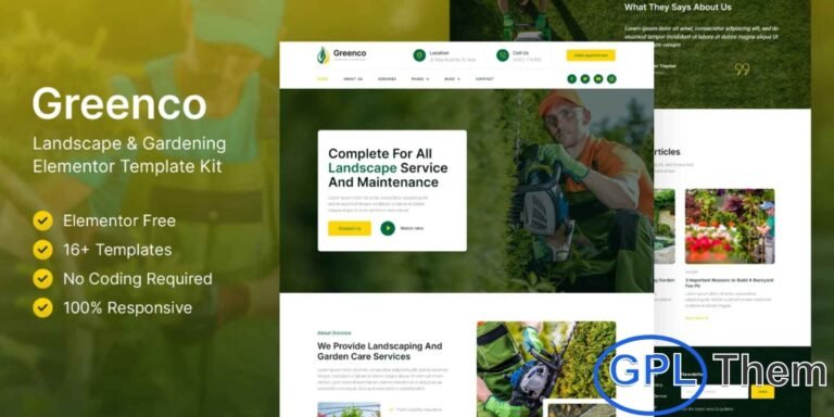 Greenco – Landscaping & Gardening Elementor Template Kit Greenco is a modern and professional Elementor Template Kit tailored for gardeners, landscape architects, florists, lawn care providers, and agriculture or groundskeeping businesses. This kit offers a fully responsive and visually appealing website layout, making it easy to showcase your services, highlight completed projects, and attract potential clients.