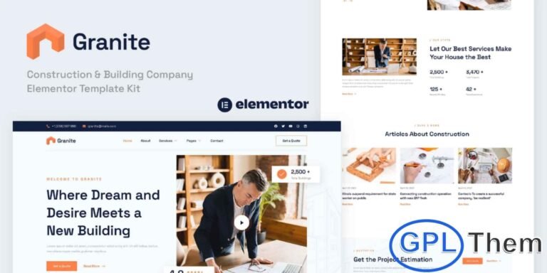 Granite – Construction & Building Company Elementor Template Kit Granite is a professional Elementor Template Kit designed for construction companies, architecture firms, industrial businesses, and building service providers. With a modern, clean, and fully responsive design, Granite allows you to create a visually appealing website that showcases your projects, services, and expertise.