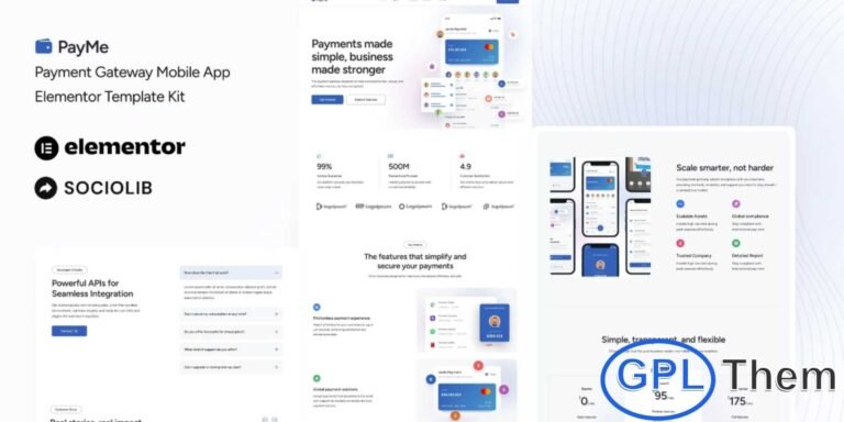 PayMe – Payment Gateway Mobile App Elementor Template Kit PayMe is a modern and comprehensive Elementor Template Kit crafted to help you build a professional Payment Gateway Mobile App website with ease. Designed for mobile app presentations, SaaS platforms, fintech startups, and finance-related businesses, this kit offers clean, responsive, and visually engaging layouts.