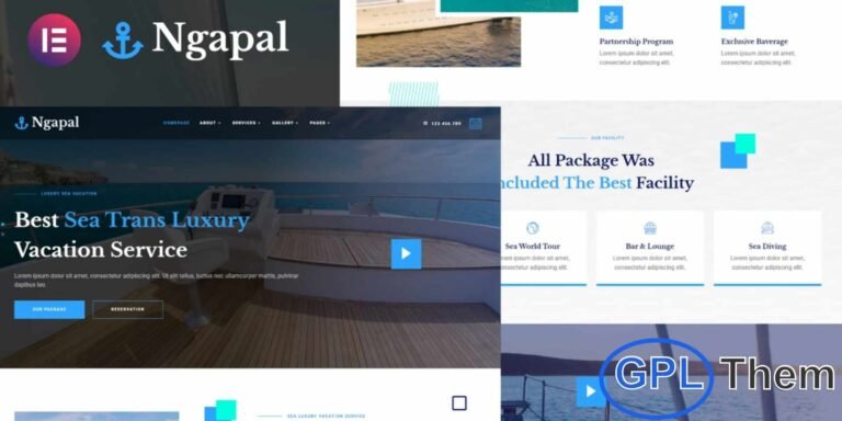 Ngapal – Sea Luxury Yacht Vacation Services Elementor Template Kit Ngapal is a beautifully crafted Elementor Template Kit designed for luxury yacht charters, sea tour operators, vacation services, and marine travel businesses. Built using the free version of Elementor, this kit offers clean, elegant, and responsive layouts that help you create a premium website without any coding.