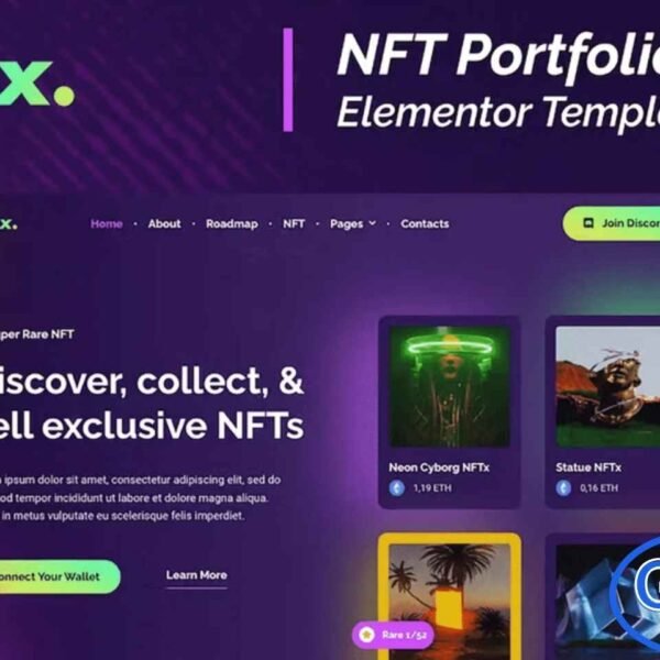 NFTx – NFT Portfolio Elementor Template Kit NFTx is a modern, responsive, and pixel-perfect Elementor Template Kit designed for NFT marketplaces, crypto-collectibles, digital asset portfolios, and non-fungible token websites. Packed with a wide range of stylish layouts and creative elements, NFTx makes it easy to build a visually stunning and professional NFT platform without any coding.