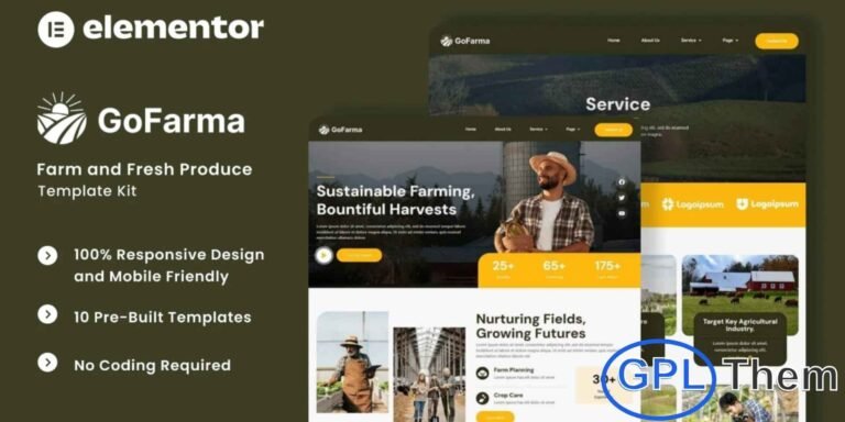 Gofarma – Farm & Fresh Produce Elementor Template Kit Gofarma is a modern and fully responsive Elementor Template Kit tailored for farms, agribusinesses, and agricultural startups. Ideal for showcasing sustainable farming practices, fresh produce, and innovative agricultural solutions, this kit helps you build a professional online presence effortlessly.