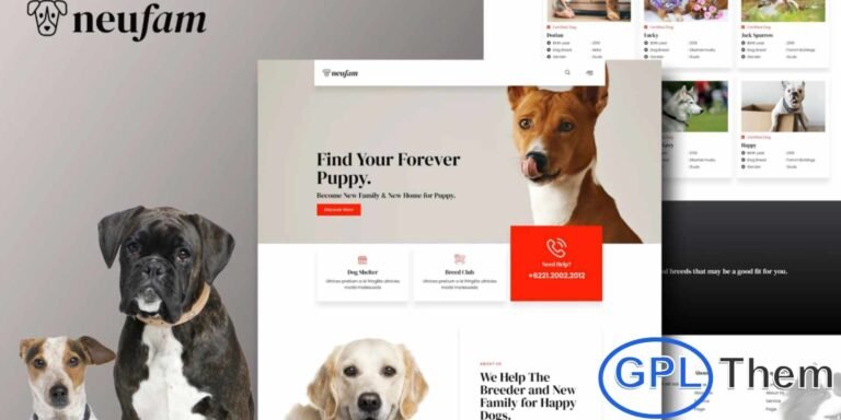 NeuFam – Dog Breeder & Kennel Club Elementor Template Kit NeuFam is a modern and beautifully crafted Elementor Template Kit designed for dog breeders, kennel clubs, pet shelters, and animal rescue organizations. Featuring 12 professionally built layout templates, this kit offers a clean, engaging, and pet-friendly design ideal for showcasing dog breeds, services, adoption details, and kennel profiles.